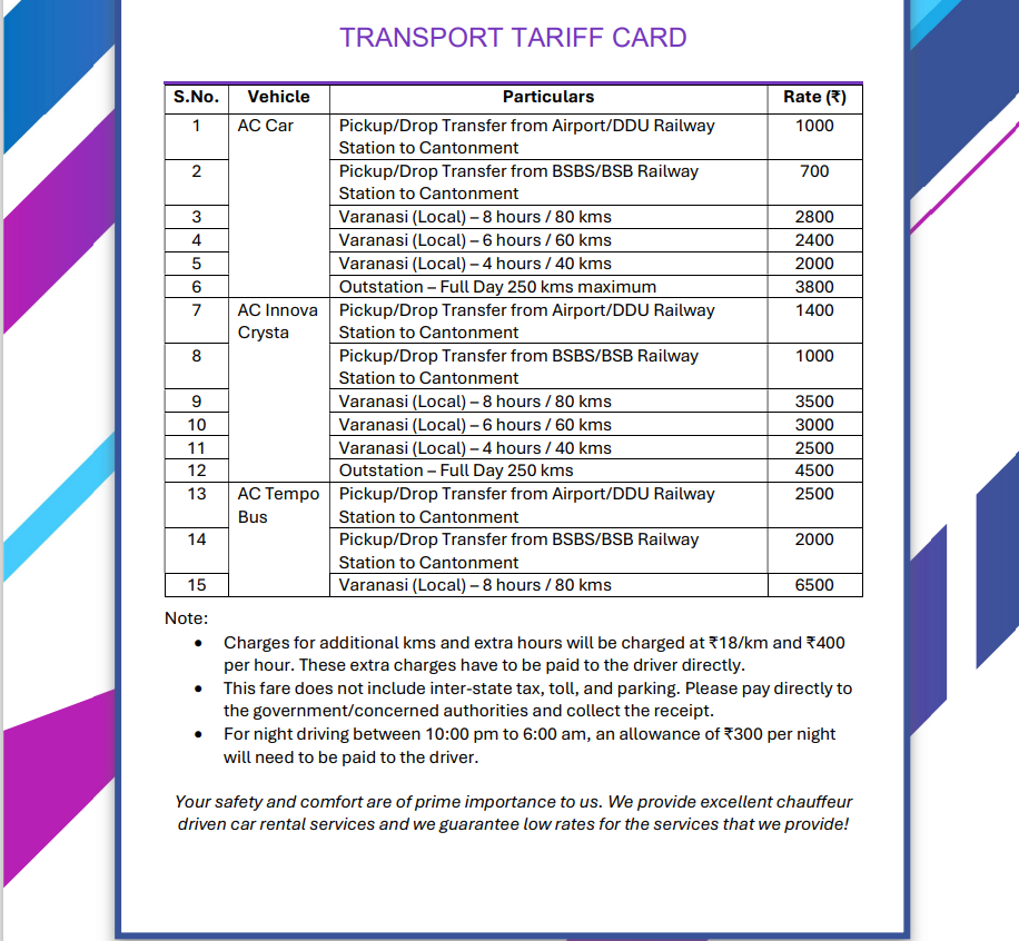 Vama Transport Tariff Card